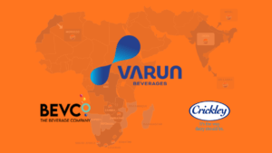 Corporate infographic featuring logos of Varun Beverages, Bevco, and Crickley Dairy over a map highlighting VBL's operatio...