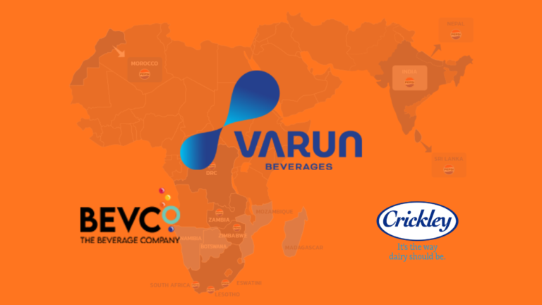 Corporate infographic featuring logos of Varun Beverages, Bevco, and Crickley Dairy over a map highlighting VBL's operations in India, Nepal, Sri Lanka, and across Africa including South Africa, Zimbabwe, and Morocco.