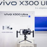 The official vivo X300 Ultra exhibition stand at MWC Barcelona 2026, showcasing the device with its professional camera cage and telephoto lens attachments.
