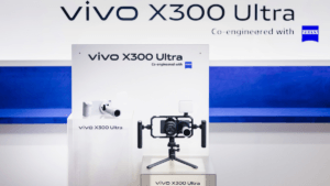 The official vivo X300 Ultra exhibition stand at MWC Barcelona 2026, showcasing the device with its professional camera ca...
