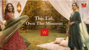 Two models showcasing W for Woman Eid collection 2026 in a festive garden setting with lanterns and "Own The Moment" brand...