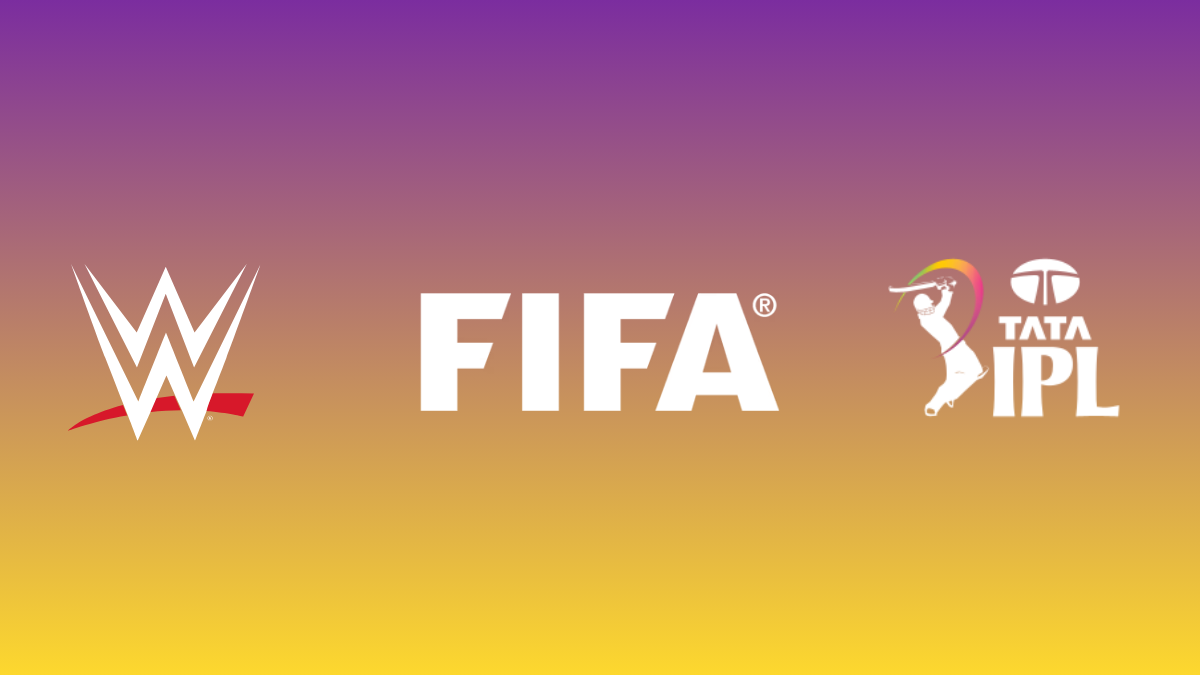 The logos of WWE, FIFA, and TATA IPL displayed together, representing the major global sports events happening from March 26 to March 29, 2026.