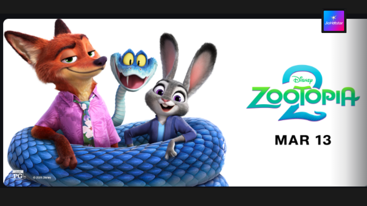 Official India poster for Zootopia 2 featuring Nick Wilde, Judy Hopps, and Gary the snake with the JioHotstar logo and March 13 release date.