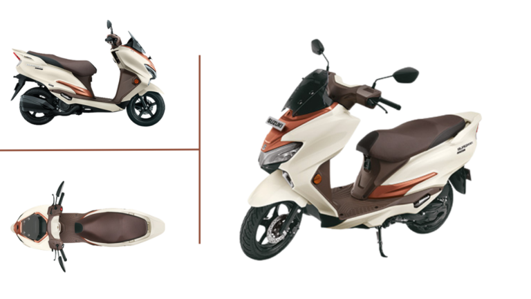 Three-angle view of the new 2026 Suzuki Burgman Street in Pearl Grace White and Metallic Matte Luxe Copper, showcasing the...