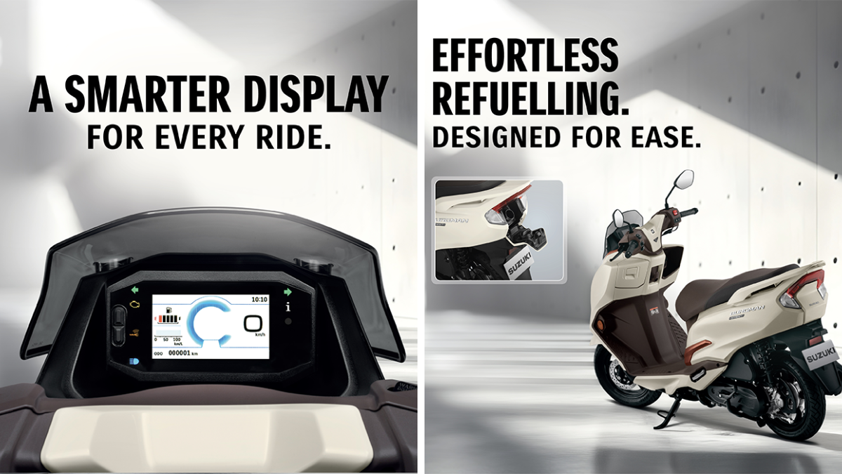 2026 Suzuki Burgman Street Launched in India: More Torque, New TFT Display and Keyless Tech 3 Close-up views of the 2026 Burgman Street’s 4.2-inch color TFT instrument cluster and the new tail-mounted external fuel filling cap.