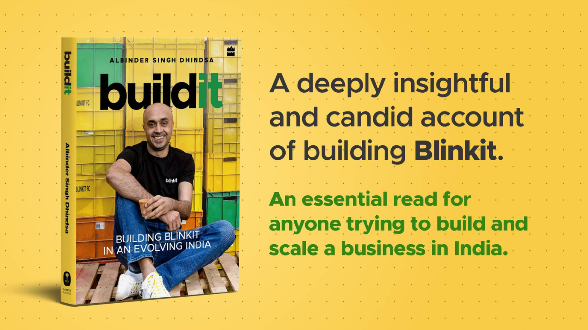Official book cover of Buildit by Albinder Singh Dhindsa, founder of Blinkit, featuring him sitting in front of yellow and...