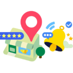 An illustrative graphic showing a retail store with a Google Maps pin, 5-star rating, and a notification bell symbolizing ...