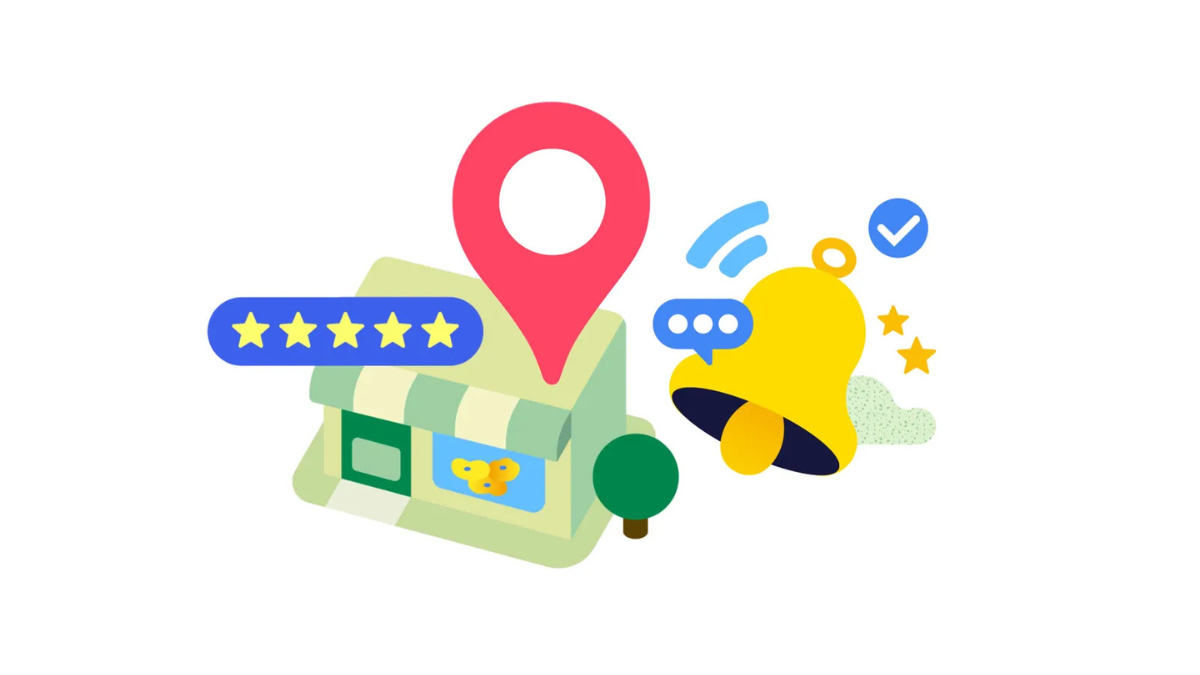 An illustrative graphic showing a retail store with a Google Maps pin, 5-star rating, and a notification bell symbolizing ...