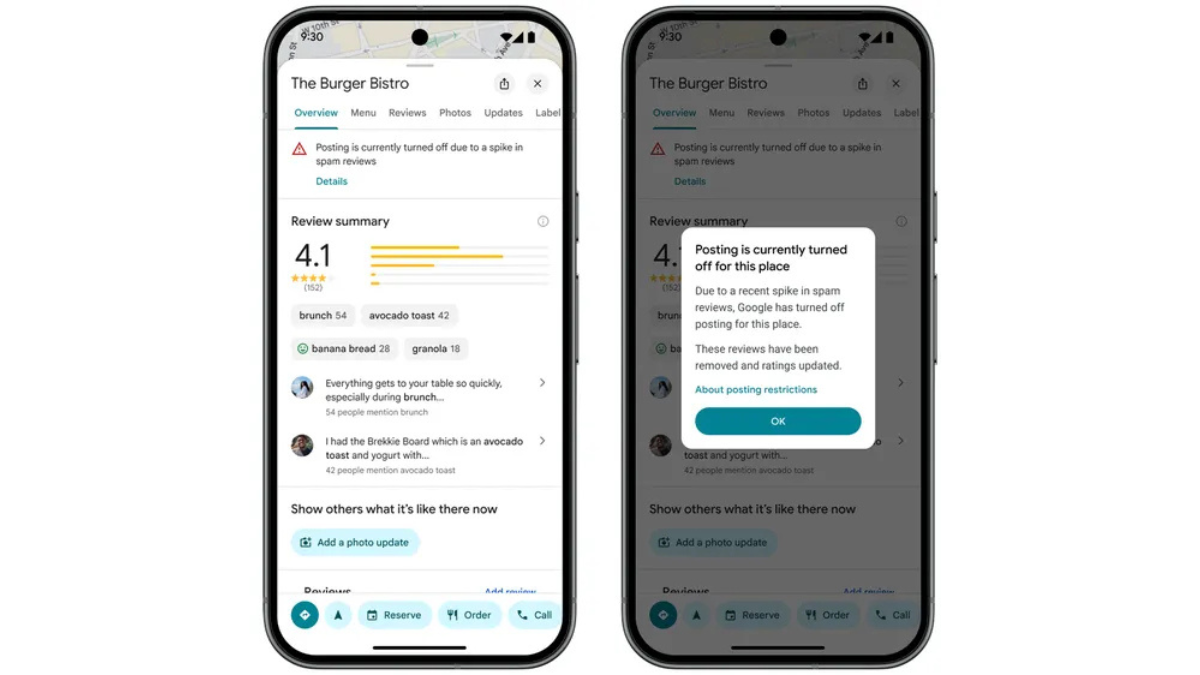 Mobile screenshots of the "The Burger Bistro" profile showing a warning banner that review posting is turned off due to a spike in spam content.