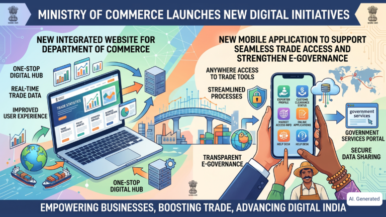 Infographic showing the launch of the Ministry of Commerce's new integrated website and mobile app for trade data, e-gover...