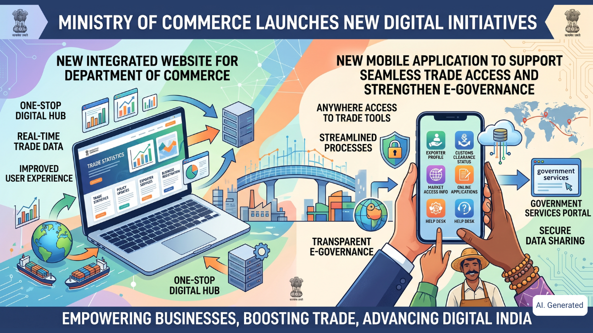 Infographic showing the launch of the Ministry of Commerce's new integrated website and mobile app for trade data, e-gover...