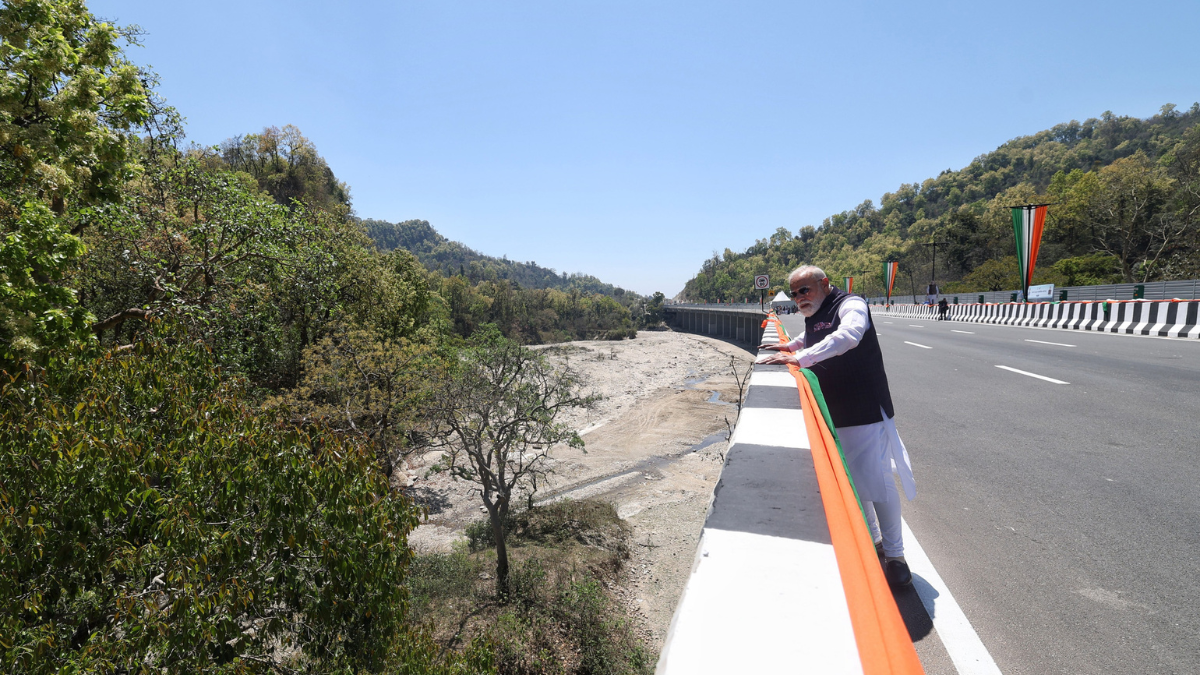 PM Narendra Modi reviewing the 12 km long elevated wildlife corridor on the Delhi-Dehradun Economic Corridor designed to reduce man-animal conflict.