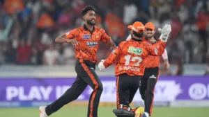 Sunrisers Hyderabad bowler Sakib Hussain celebrating a wicket with wicketkeeper Salil Arora during the TATA IPL 2026 match against Rajasthan Royals at Rajiv Gandhi International Stadium.
