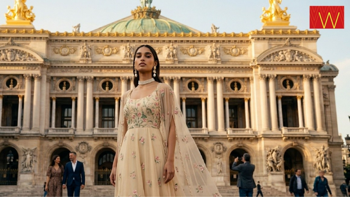 AI-generated image of a model in a beige embroidered WforWoman gown with a sheer cape standing before the Palais Garnier in Paris.