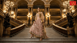 AI-generated photorealistic image of a model wearing a WforWoman gold sequin crop top and floral skirt on a grand marble s...