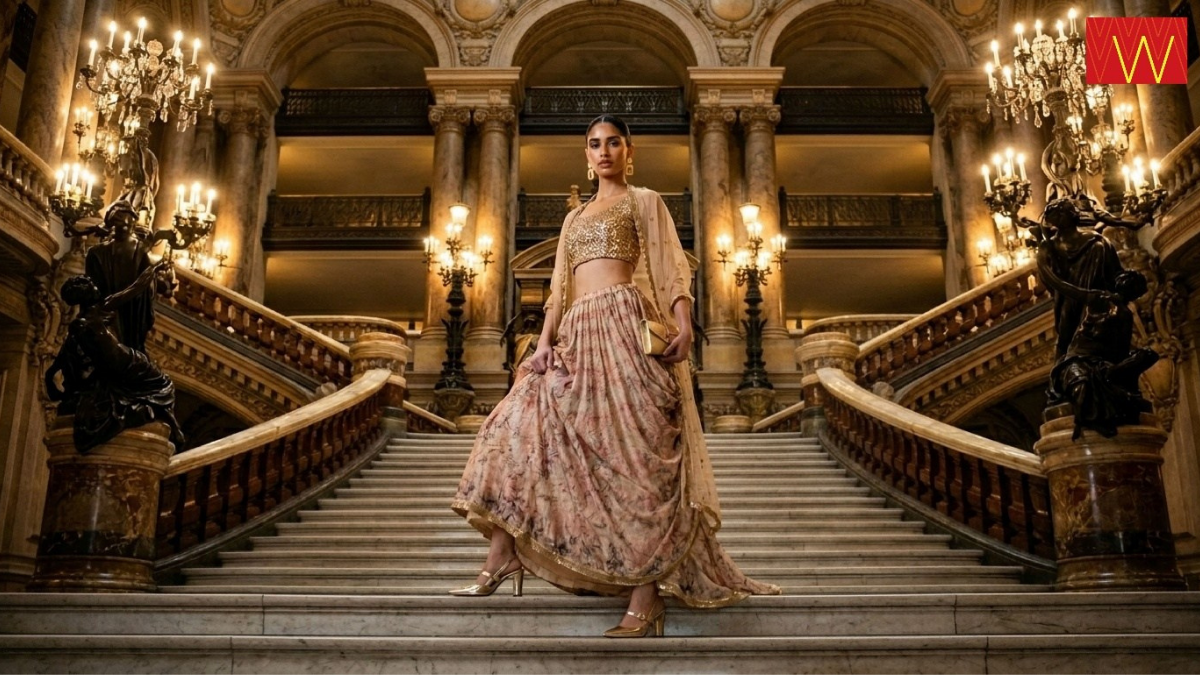 AI-generated photorealistic image of a model wearing a WforWoman gold sequin crop top and floral skirt on a grand marble s...