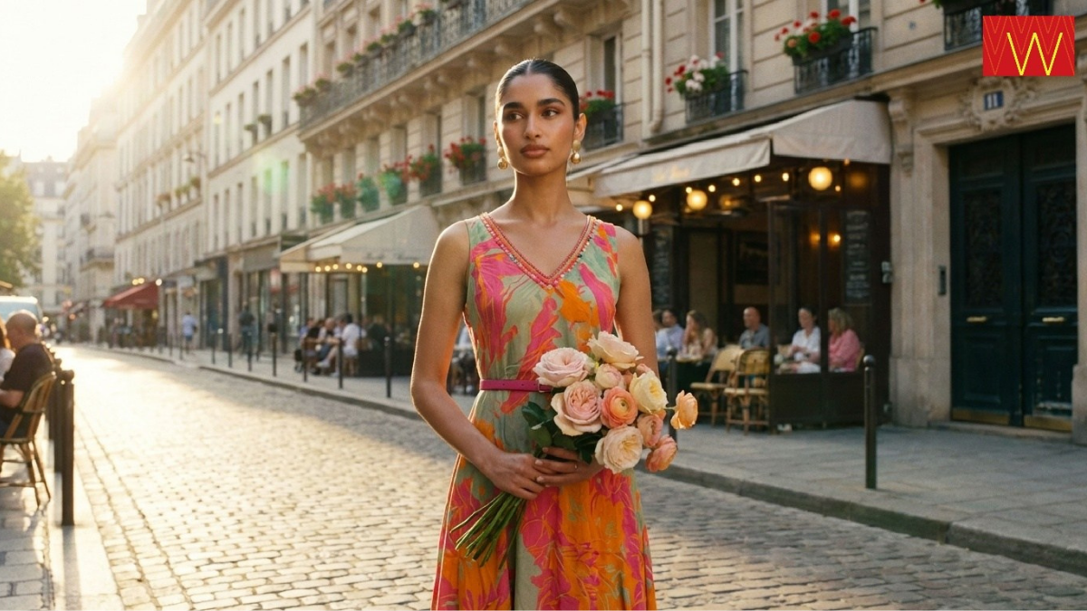 AI-generated visual of a woman in a vibrant WforWoman floral print dress holding roses on a sunlit cobblestone street in Paris.
