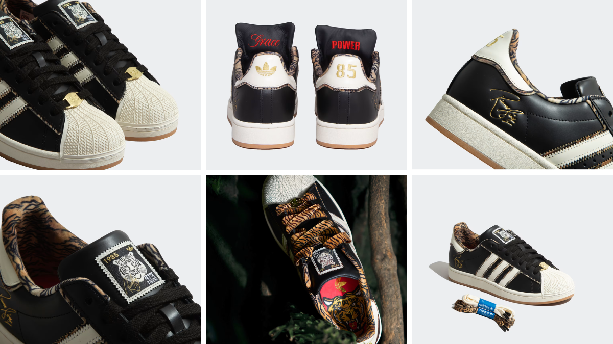 Collage showing tiger-print insoles, gold lace jewels, and 'Grace' and 'Power' embroidery on the sneaker heels in India.