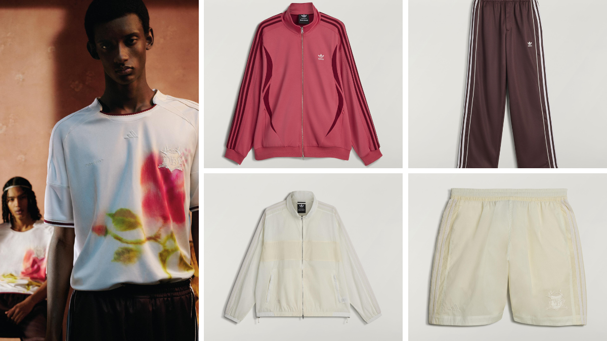 A floral graphic jersey, a pink track jacket, and brown track pants from the adidas Wales Bonner SS26 India collection.