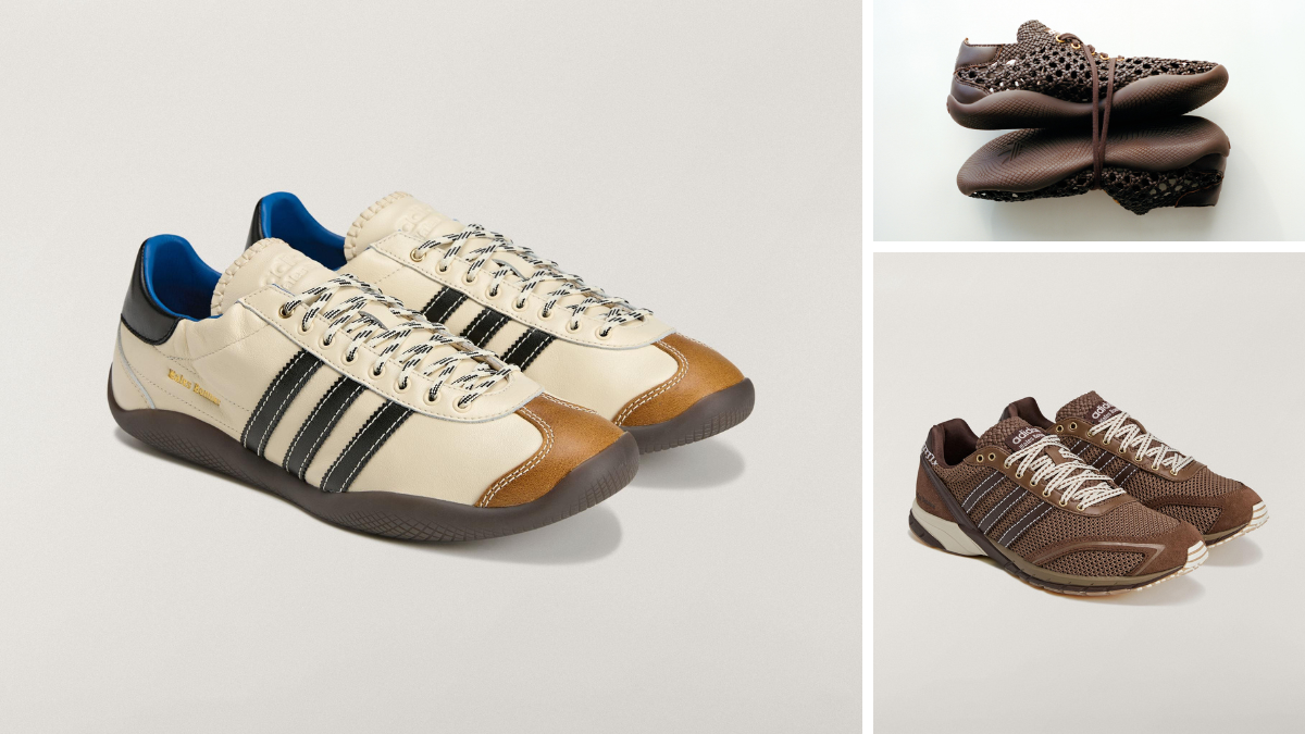 A cream Karintha, a woven brown leather shoe, and a brown Adizero Adios trainer displayed for the Indian market.