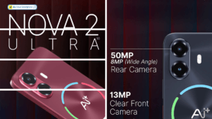 AI+ Nova 2 Ultra 5G official launch poster featuring Mumbai Indians and Kolkata Knight Riders logos with 50MP camera specs.