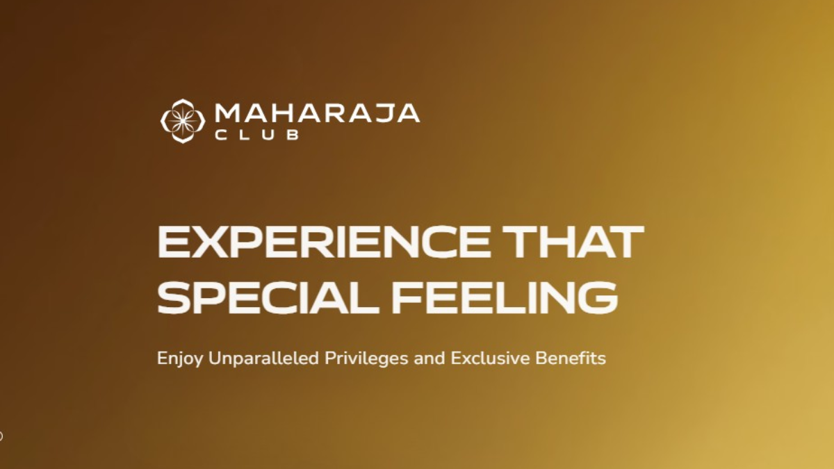 Promotional graphic for Air India Maharaja Club with the text "Experience That Special Feeling" on a luxurious golden gradient background.