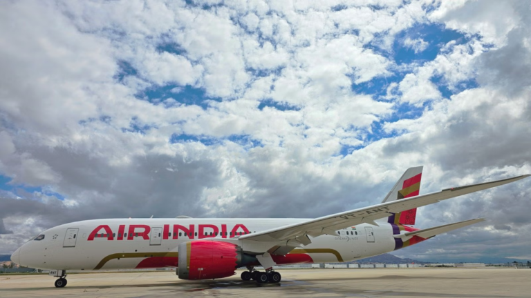 Side profile of Air India’s first retrofitted Boeing 787-8 Dreamliner (VT-ANT) featuring the bold new red and gold livery,...