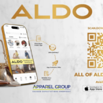 Smartphone showing the ALDO India app interface next to shoes and a handbag, highlighting 24-hour delivery on marble backd...