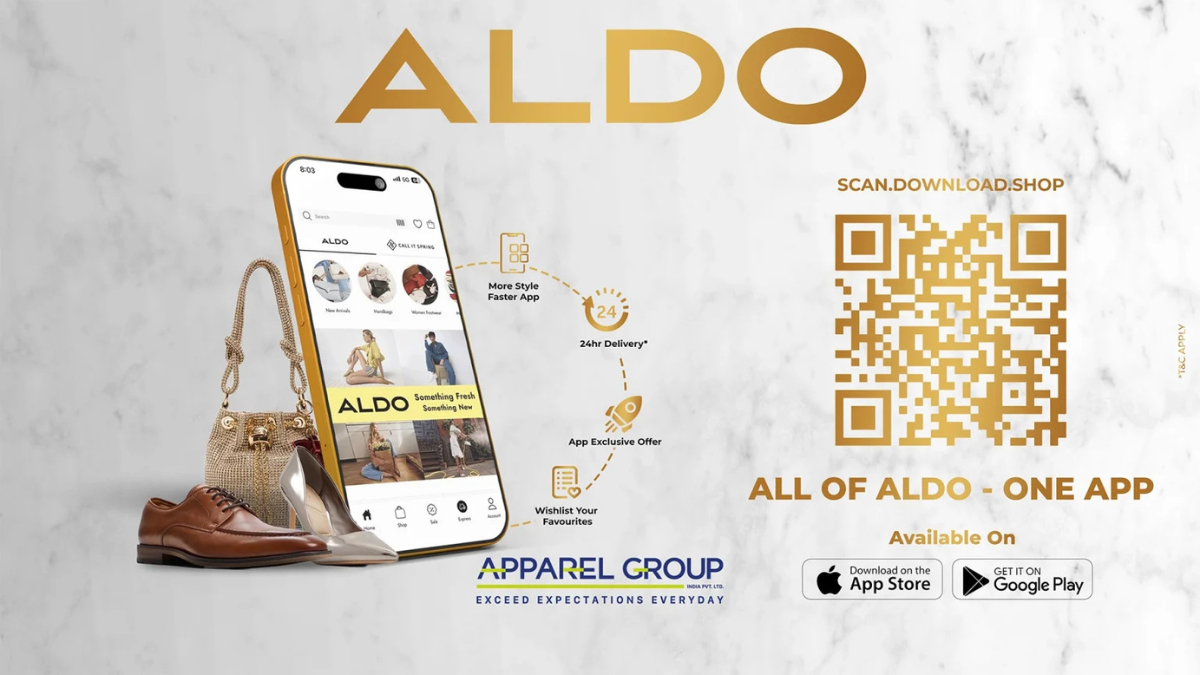 Smartphone showing the ALDO India app interface next to shoes and a handbag, highlighting 24-hour delivery on marble backd...