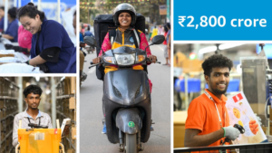 Amazon India associates working in warehouses and on a delivery scooter with a ₹2,800 crore investment text banner.
