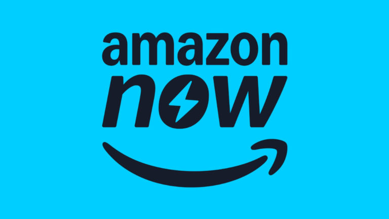 Amazon Now logo with a lightning bolt symbol on a bright blue background representing fast delivery services in India