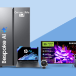 A showcase of AI-powered electronics from Amazon India’s AI Store, featuring a Samsung Bespoke AI refrigerator, HP AI lapt...