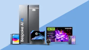 A showcase of AI-powered electronics from Amazon India’s AI Store, featuring a Samsung Bespoke AI refrigerator, HP AI laptop, Samsung Vision AI TV, Galaxy S26 Ultra, and Apple Watch on a blue background.