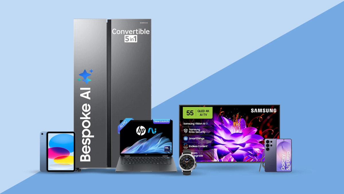 A showcase of AI-powered electronics from Amazon India’s AI Store, featuring a Samsung Bespoke AI refrigerator, HP AI lapt...