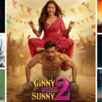 Grid of movie posters: center Bollywood rom-com flanked by horror, spiritual biopic, gritty drama, and regional action art.