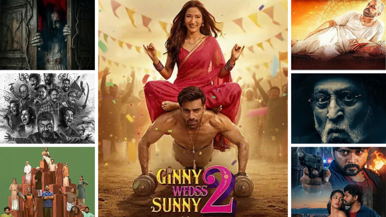 Grid of movie posters: center Bollywood rom-com flanked by horror, spiritual biopic, gritty drama, and regional action art.