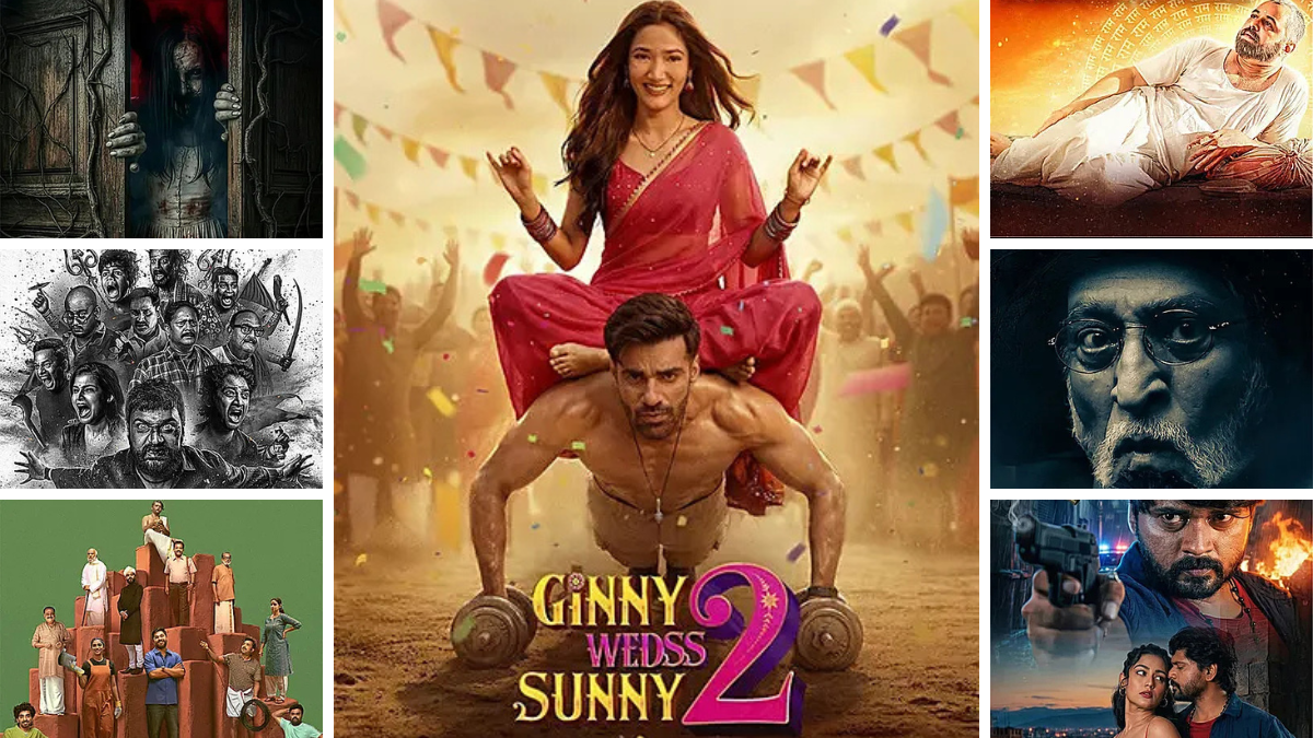 Grid of movie posters: center Bollywood rom-com flanked by horror, spiritual biopic, gritty drama, and regional action art.
