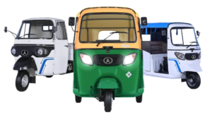 Three Atul Auto electric three-wheelers in different colours for India's 15-minute rapid charging rollout.