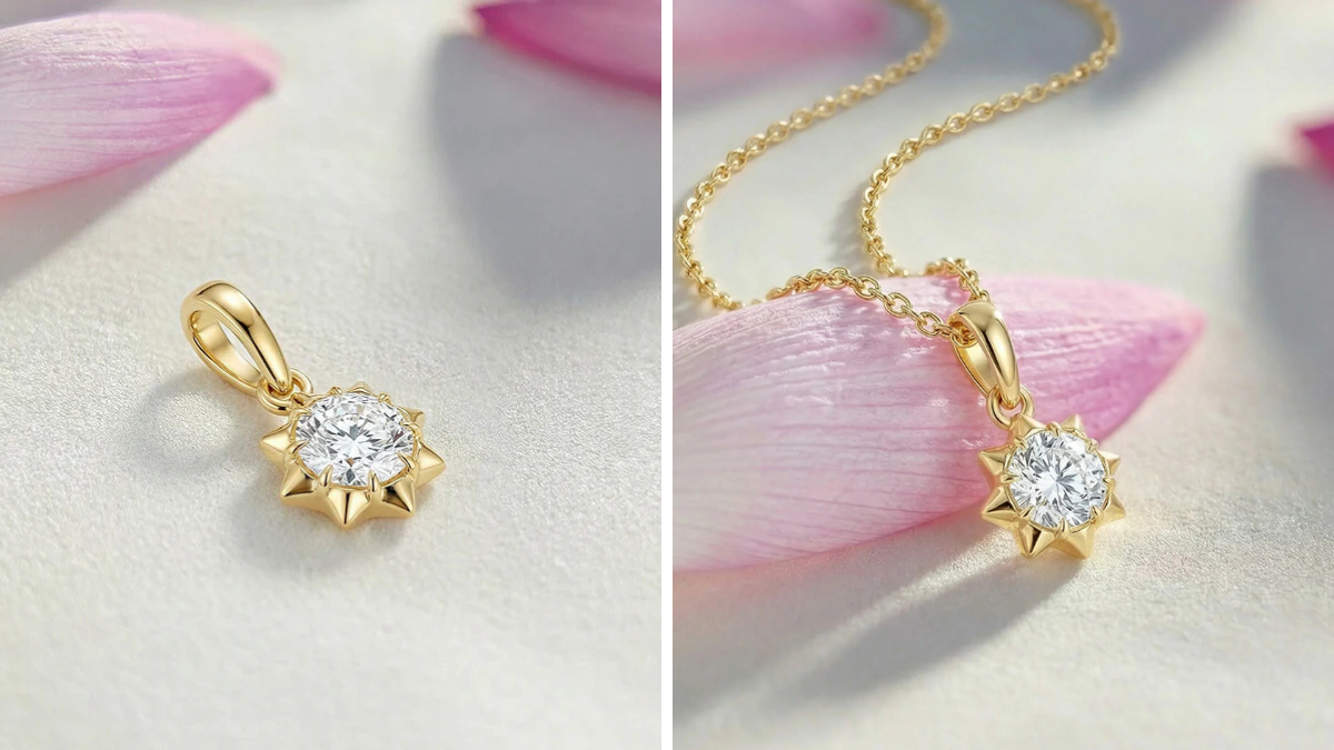 Macro close-up shots of the octagonal Extra Brilliant lab-grown diamond in its signature gold lotus-inspired floral basket setting.