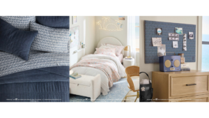 Floral and wave pattern bedding with a palm tree neon light in a coastal dorm setup for the India launch