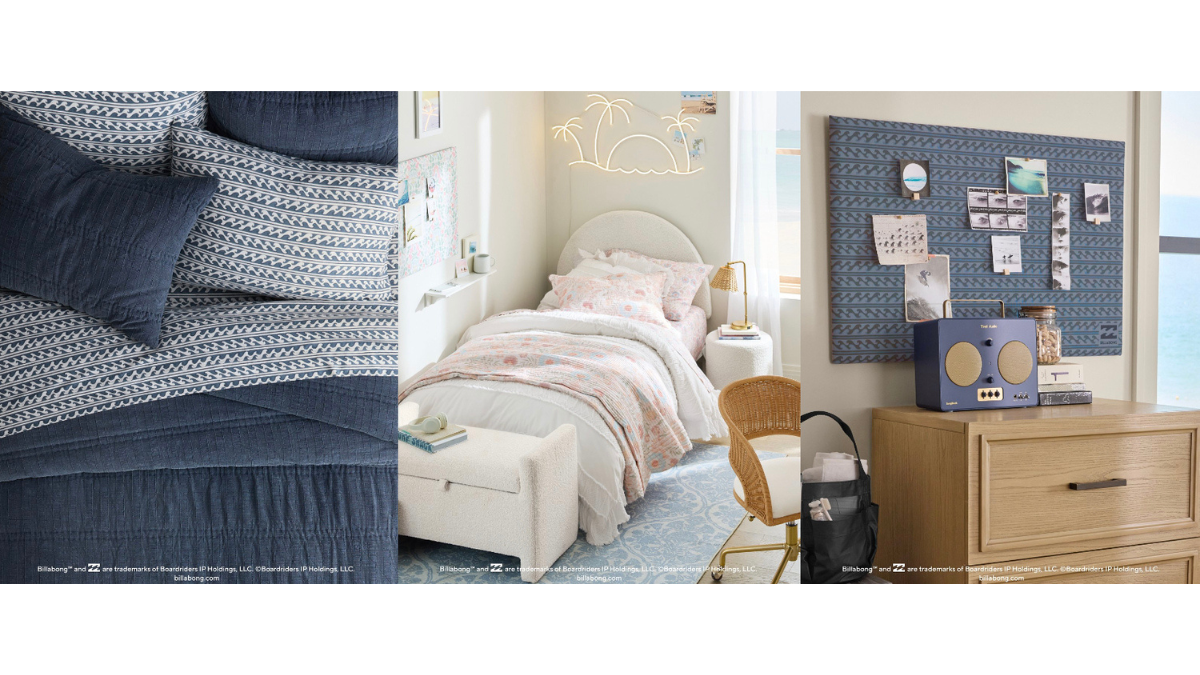 Floral and wave pattern bedding with a palm tree neon light in a coastal dorm setup for the India launch