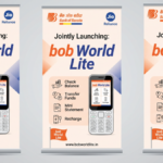 Digital marketing banners showcasing the launch of Bank of Baroda’s bob World Lite app on JioPhone feature phones, highlig...