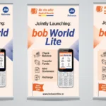 Digital marketing banners showcasing the launch of Bank of Baroda’s bob World Lite app on JioPhone feature phones, highlig...
