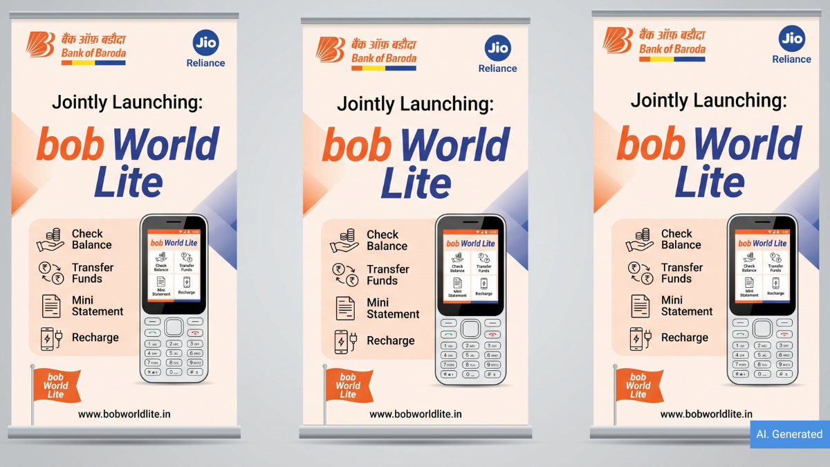 Digital marketing banners showcasing the launch of Bank of Baroda’s bob World Lite app on JioPhone feature phones, highlig...
