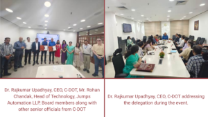 C-DOT CEO and Jumps Automation officials signing documents and in a meeting about cybersecurity gamification in India.