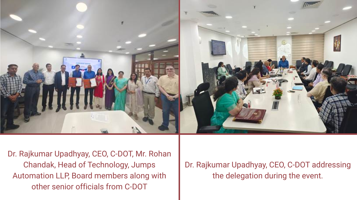C-DOT CEO and Jumps Automation officials signing documents and in a meeting about cybersecurity gamification in India.