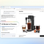 Chrome browser split-screen showing a coffee maker website and the AI Mode chat interface coming to India.