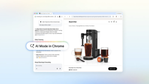 Chrome browser split-screen showing a coffee maker website and the AI Mode chat interface coming to India.