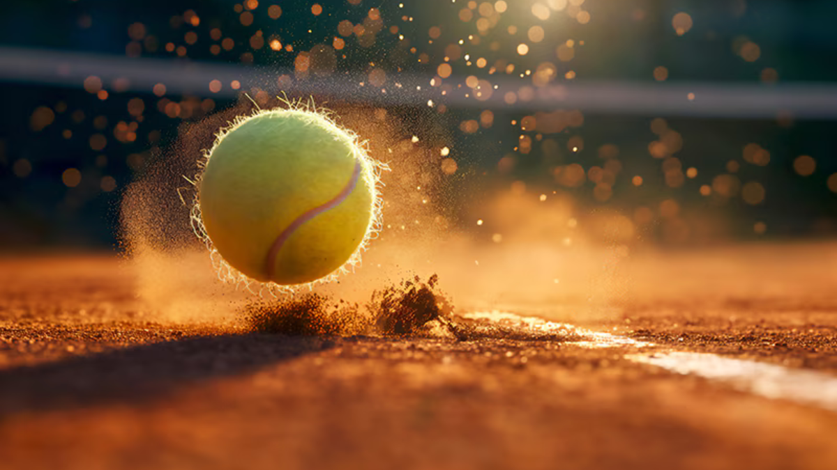 A macro, high-speed photograph of a yellow tennis ball bouncing on a red clay court line with dust particles and sand flying in warm, golden sunlight.