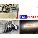 A professional collage showcasing CrudeChem Technology and FCL Fineotex industrial infrastructure, featuring large chemical storage tanks in a warehouse, a laboratory technician operating specialized machinery, and illuminated company signage.